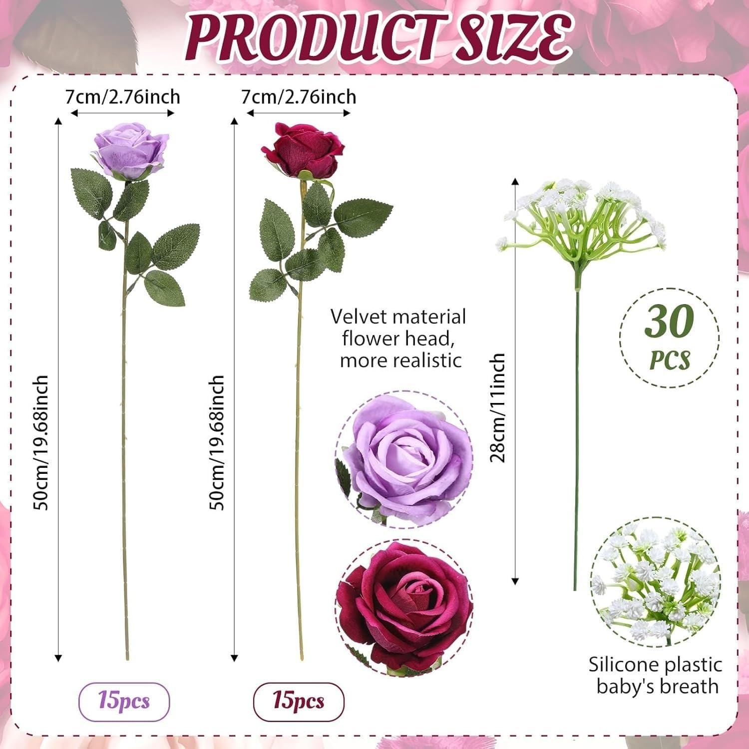 60 Pcs Artificial Purple Rose anf Gypsophila Bouquet, Fake Purple Rose for Bridal Wedding Vase Floral Decor