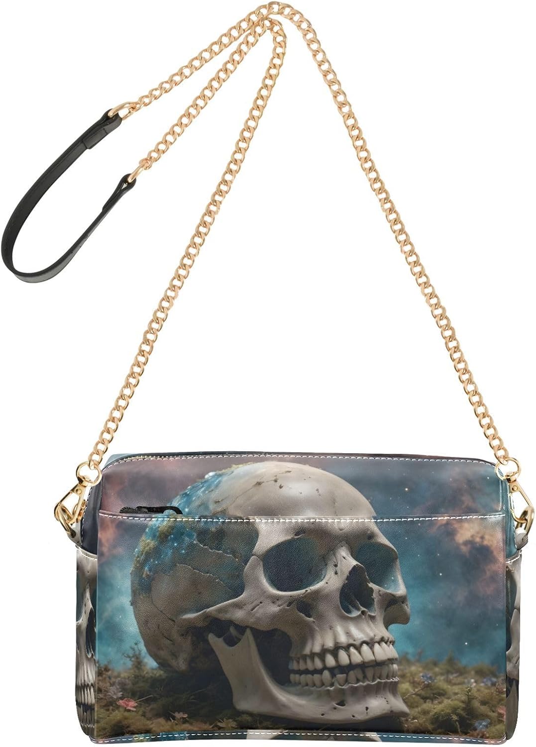 Women Crossbody Bag Shoulder Handbag Cellphone Purse PU Leather Metal Chain Strap Water Resistant Zipper Closure Skull on Island Print