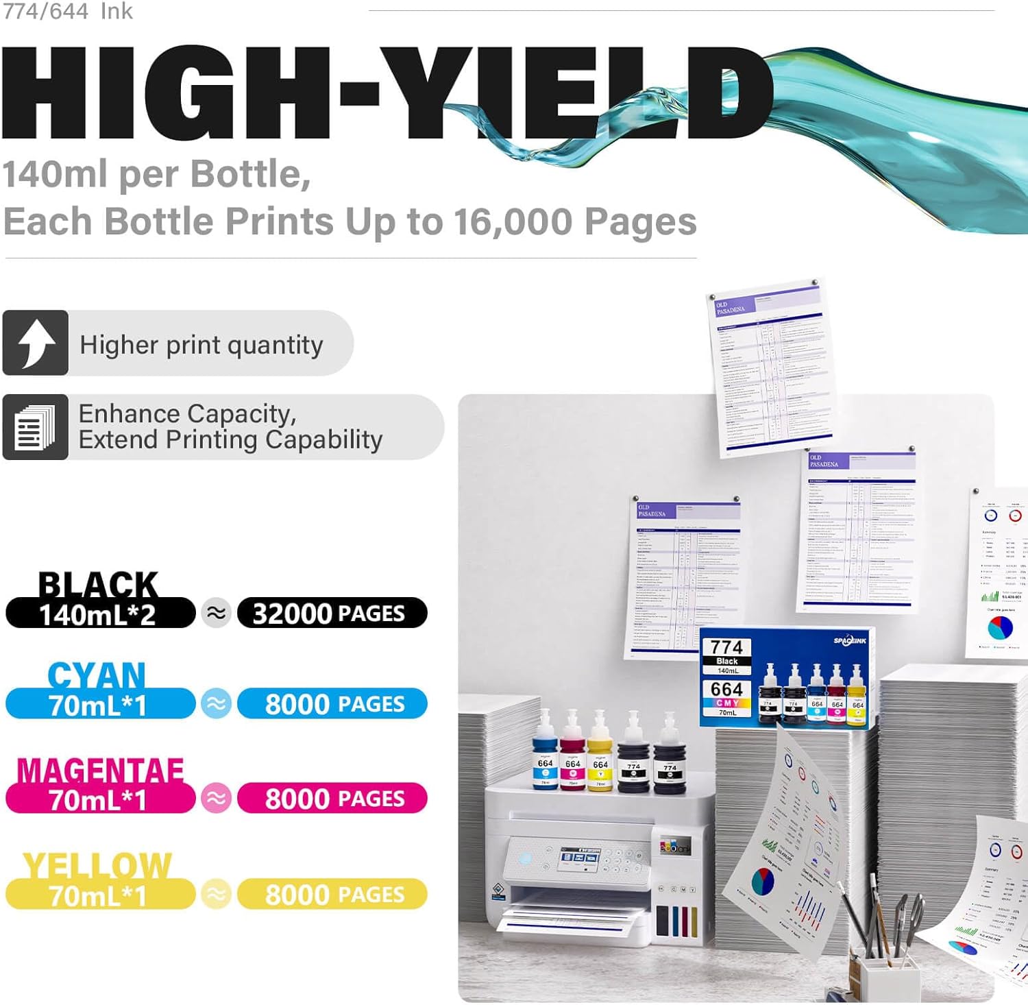 Spaceink 774 664 Ink Refill Bottles for ET-2650 ET-2550 ET-3600 ET-4500 ET-4550 ET-16500 ET-2500 ET-2600 ET-14000 Printers (2 Black Cyan Magenta Yellow 5 Pack)