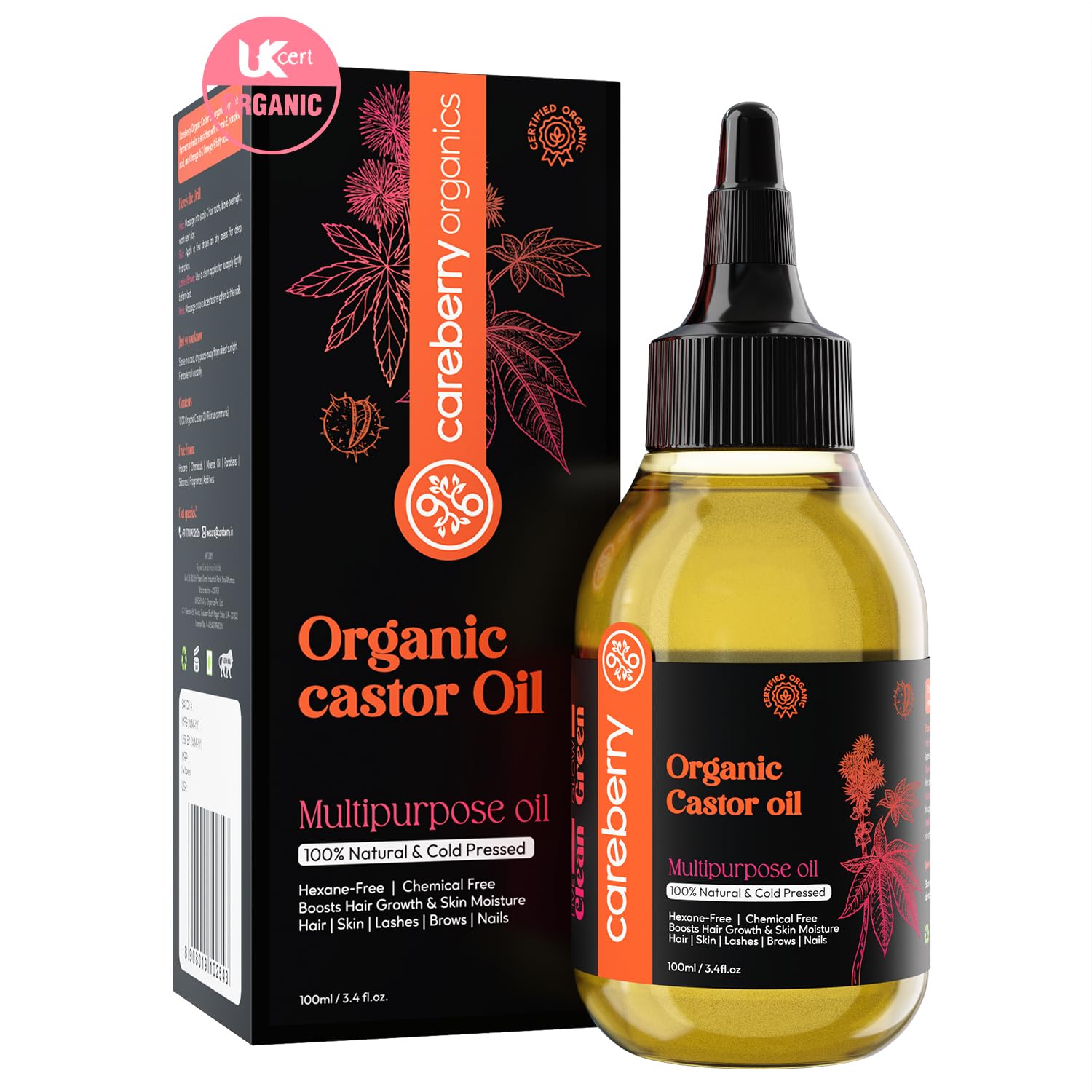 Castor Oil for Hair Growth, Eyelashes, Eyebrows, Skin & Nails | 100% Pure Cold Pressed Organic Oil | Hexane-Free, Non-Sticky, Chemical-Free Cosmetic Grade – 100ml