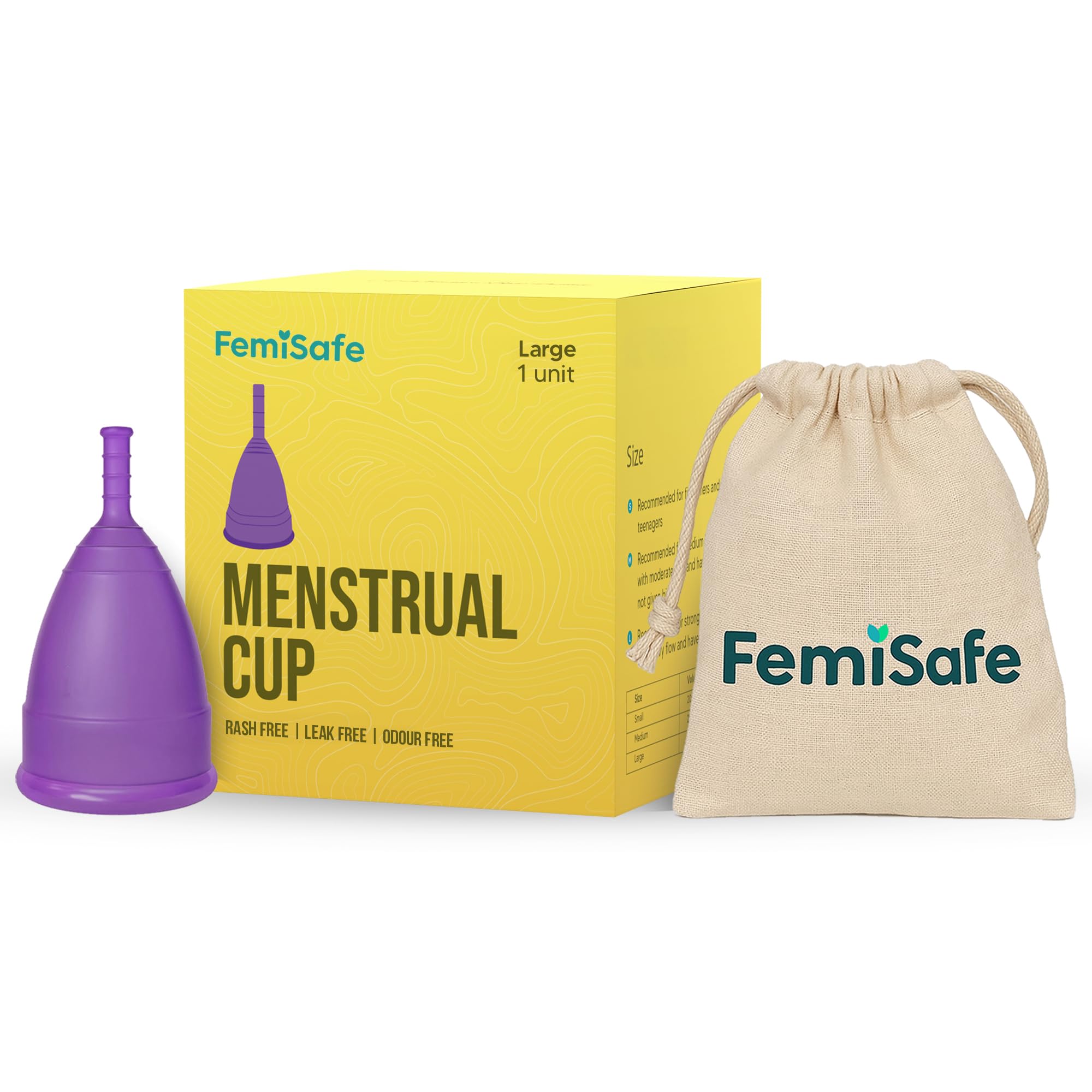 FemiSafe Reusable Menstrual Cup with Pouch | Large Size | Made with 100% Medical Grade Silicone | BPA-Free, Odour-Free & Rash-Free | Protection for Up to 10–12 Hours | Pack of 1