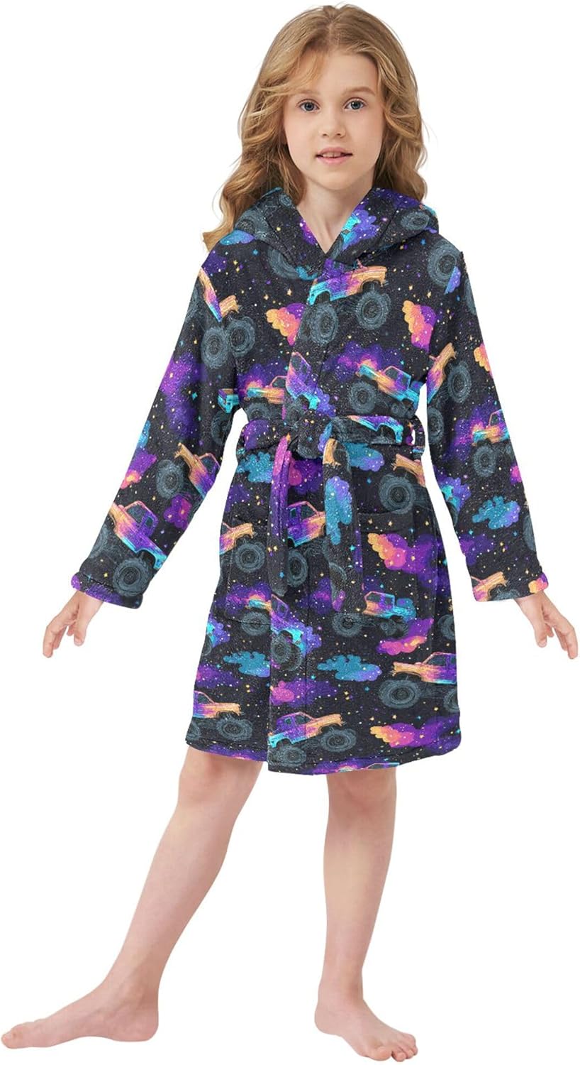 Monster Truck Galaxy Stars Bathrobe Hooded PJ Robe Soft Fleece Robe Sleepwear 2-12 Years