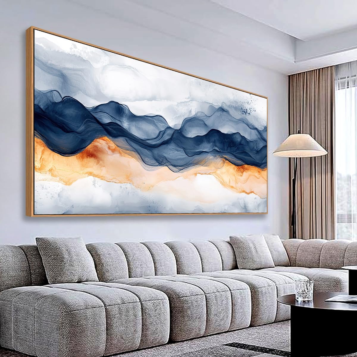 Tucai Decor Modern Abstract Mountain Wall Art Canvas Prints Navy Blue and Orange With Wood Frame Large Living Room Decor Bedroom Office Wall Decor 30 x 58 inch Ready to Hang