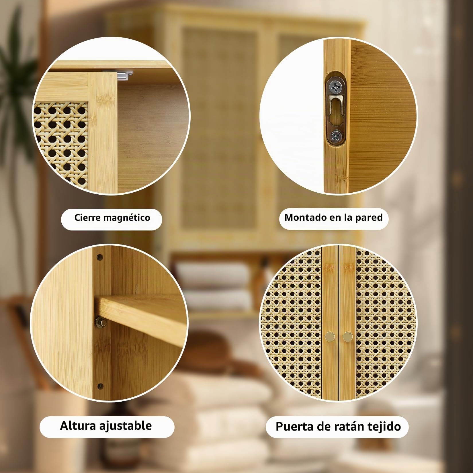 unho Armario de Baño de Pared de Bambú: Mueble para Inodoro Colgante de Madera con Estante de Altura Regulable - 59x20,5x66,5cm