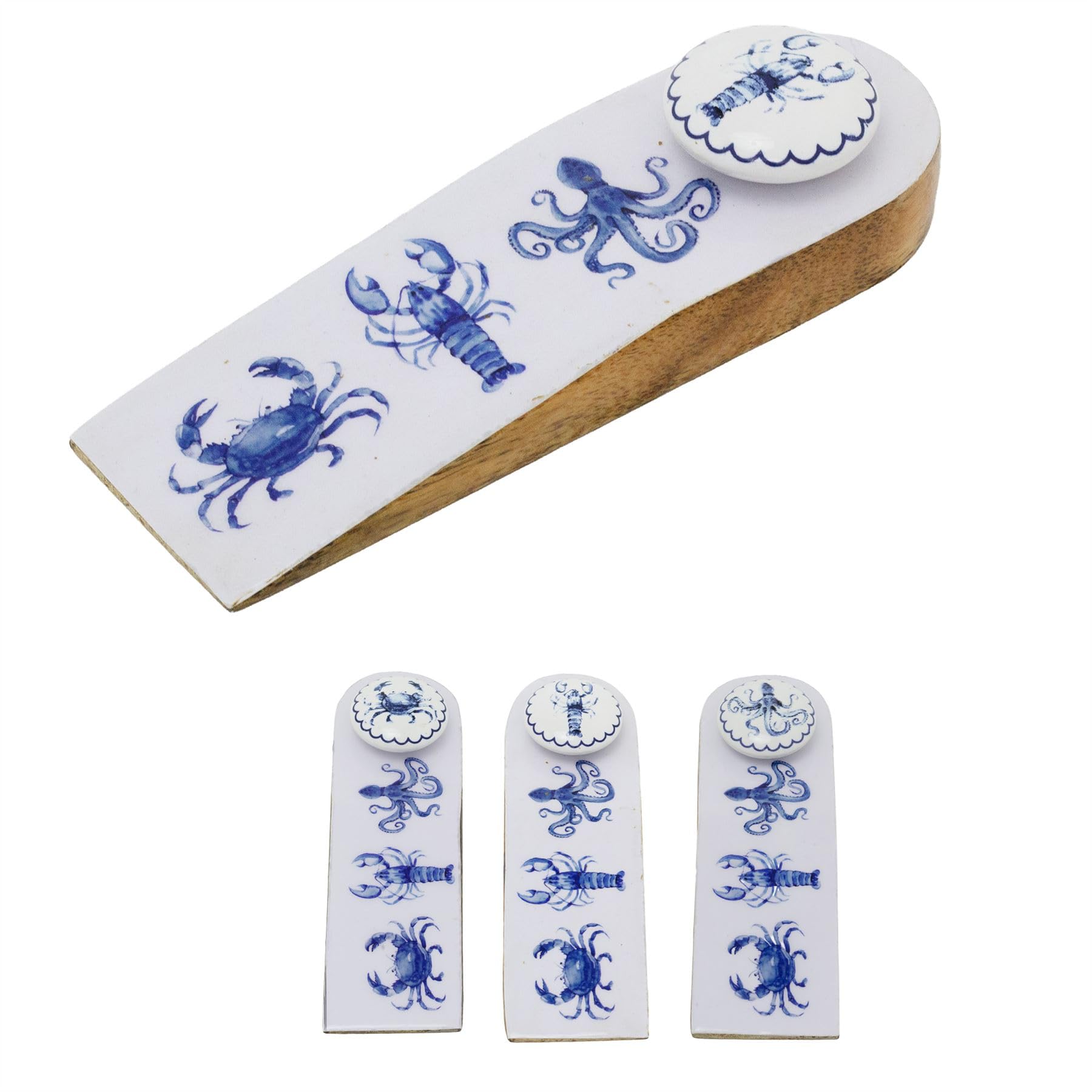 Carousel Home White Nautical Wooden Door Stop Wedge, Mango Wood Decorative Door Stopper Wedge, Wood & Ceramic Floor Doorstop - Design Varies