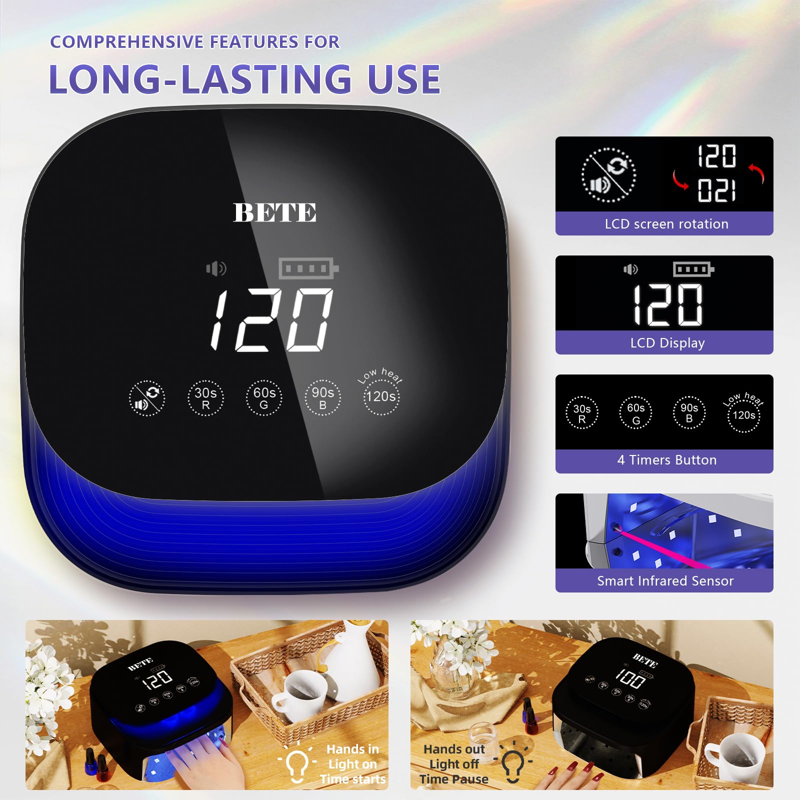 Lampes UV LED sans fil BETE 60W - Séchoir pour vernis gel rechargeable avec capteur automatique, 30 perles et 4 réglages de minuteur portable pour usage domestique/salon Black