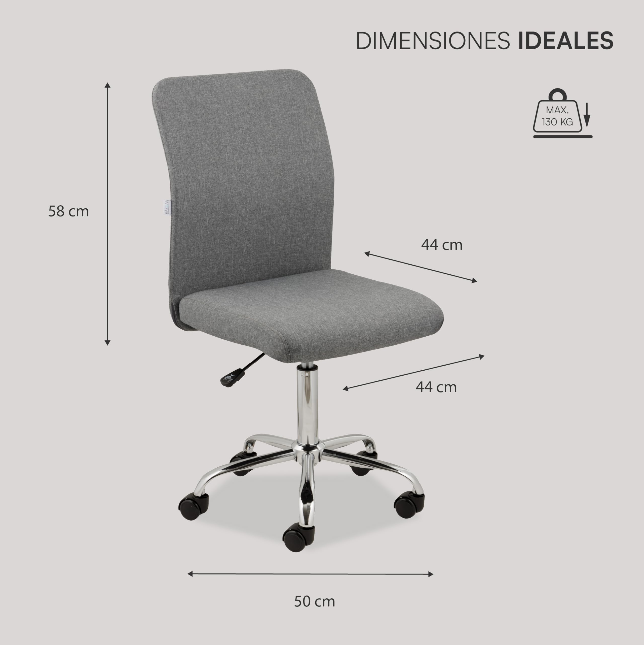 Baroni Home Silla de Oficina de Tela Giratoria de 360°, Silla Acolchada De Oficina con Altura Ajustable sin Reposabrazos, Asiento Ergonómico, Gris, 44x50x110 cm