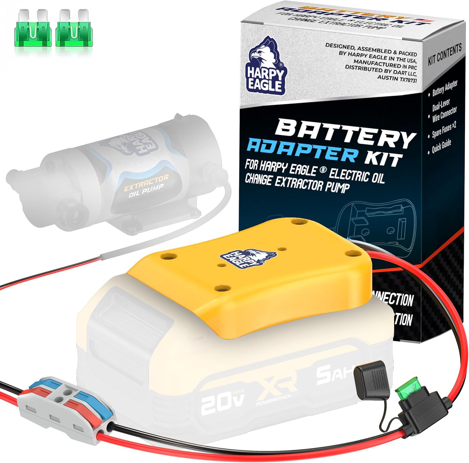 Harpy Eagle Battery Adapter for Yellow 20V MAX Batteries – Compatible Oil Extractor Pump – Includes 30A Fuse, WAGO Connectors &amp; 12AWG Wires – Battery &amp; Pump Not Included