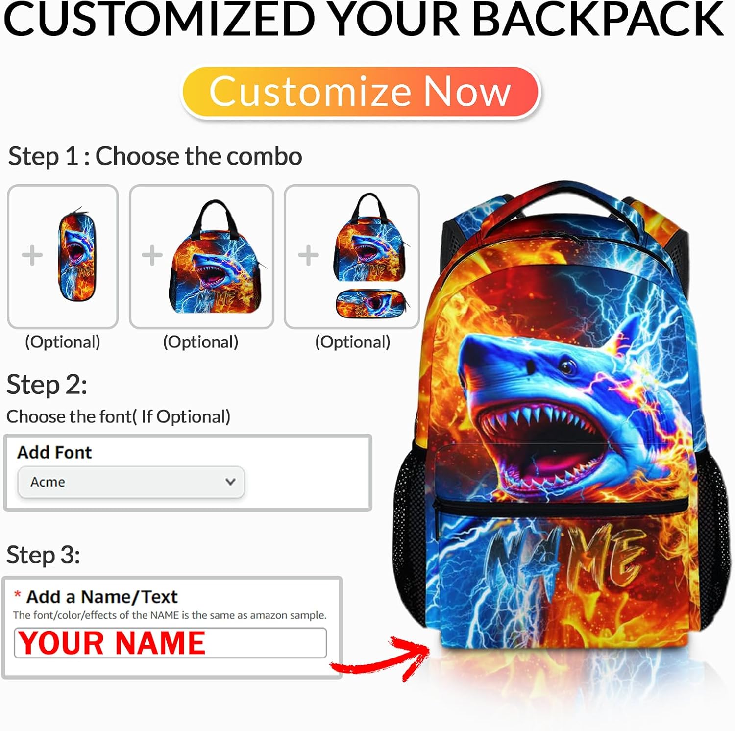 Personalized Boys Shark Backpack - Custom School Backpacks for Kids Teens Kindergarten Primary Middle Senior - 17 Inch Cool Lightweight Large Capacity Bookbag for School Travel