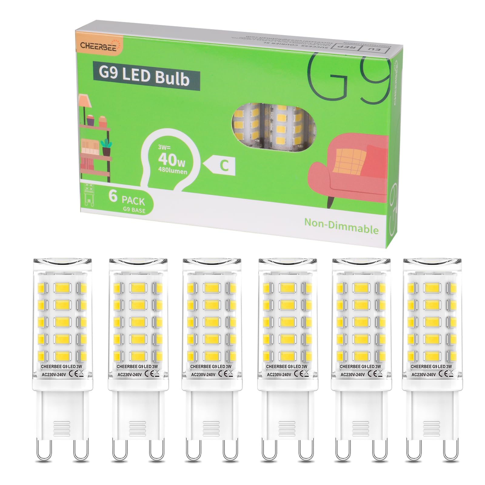 CHEERBEE G9 LED Kaltweiß 3W, 6000K 480LM Energieeffizienz klasse C LED Leuchtmittel Ersatz für 40w Halogenlampe, G9 Glühbirne energiesparend, Nicht Dimmbar, Flimmerfrei für Hausbeleuchtung 6er Pack.