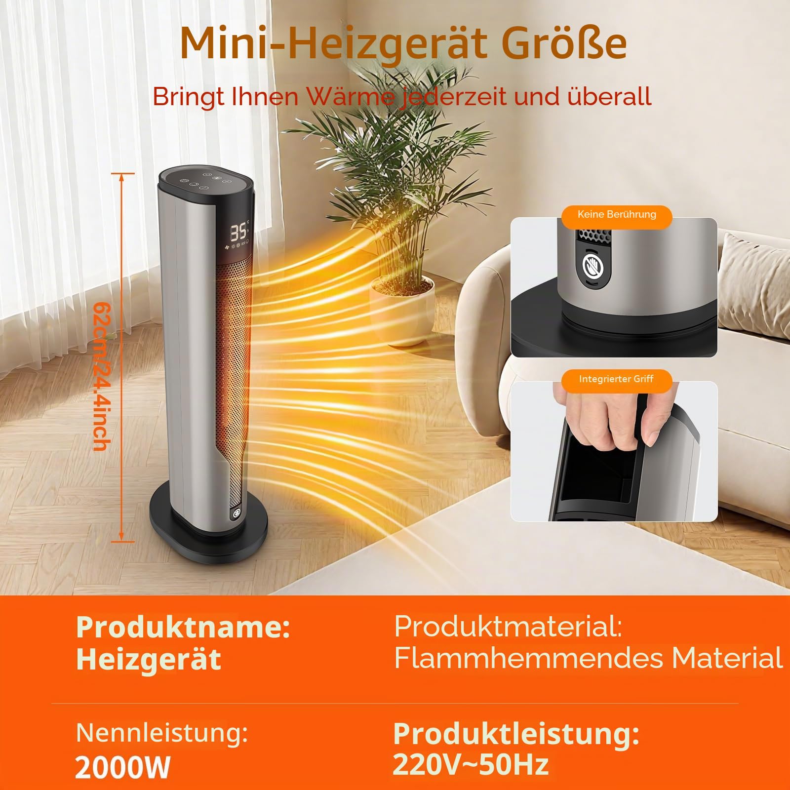 Heizlüfter Energiesparend,Niedriger Energieverbrauch 2000 W,Leiser Keramik-Heizkörper von 60 cm, Überhitzungs- und Kippschutz, 70°-Oszillation, 3 Modi, 12-Stunden-Timer