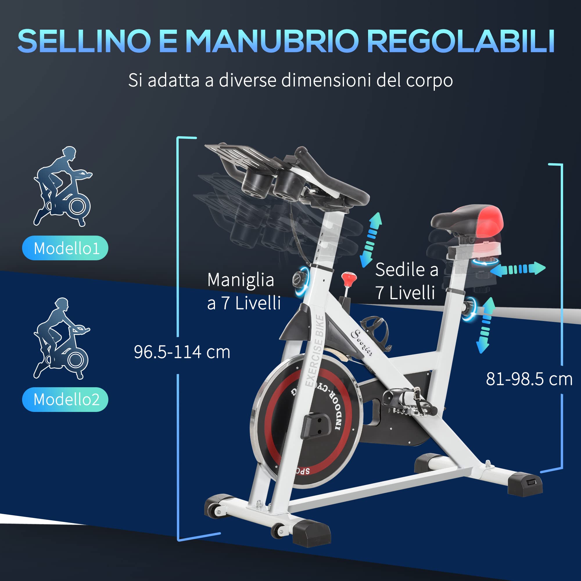 HOMCOM Cyclette da Casa, Bicicletta Indoor Silenzioso con Resistenza Regolabile, Manubri e Sella Regolabile, Volano da 8 kg, Vassoio Portaoggetti, Monitor LCD, Portabottiglie, Ruote