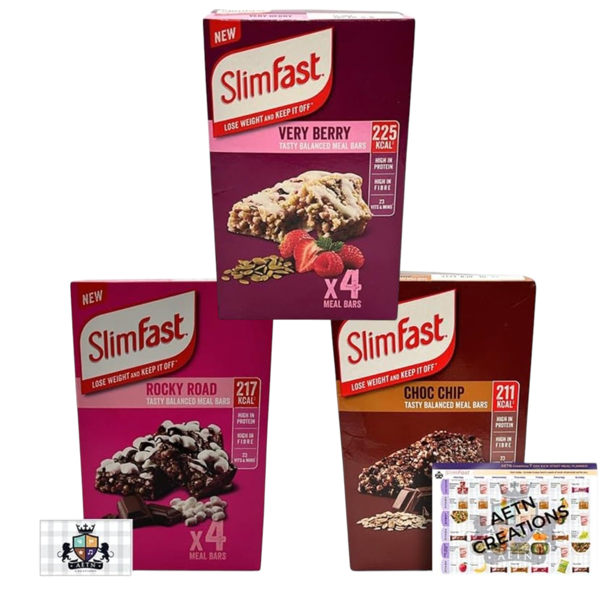 AETN CreationsSlim Fast Bundle 12x60g Meal Bars, Choc Chip, Rocky Road and Very Berry Plus AETN Fridge Magnet for Weight Loss Diet, High in Protein and Fibre