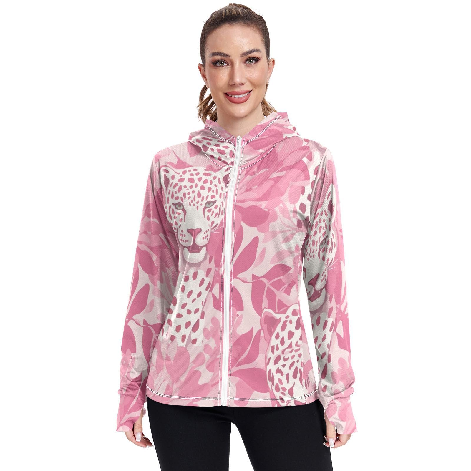 UMIRIKO Pink Leopard Print Pattern Women's UPF 50+ Sun Protection Jacket Hoodie Rash Guard Shirt with Pockets M 202a3508