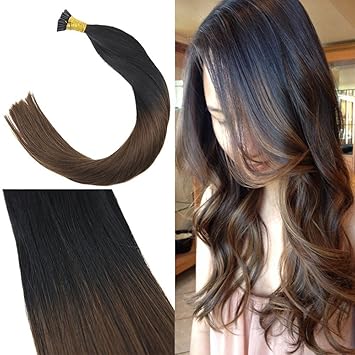 16, Natural Black To Dark Brown: Youngsee 16Inches Two Tone Hair Extensions I Tip Remy Human Hair Ombre Natural Black To Dark Brown Silk Straight Stick Tip Fusion Human Hair E