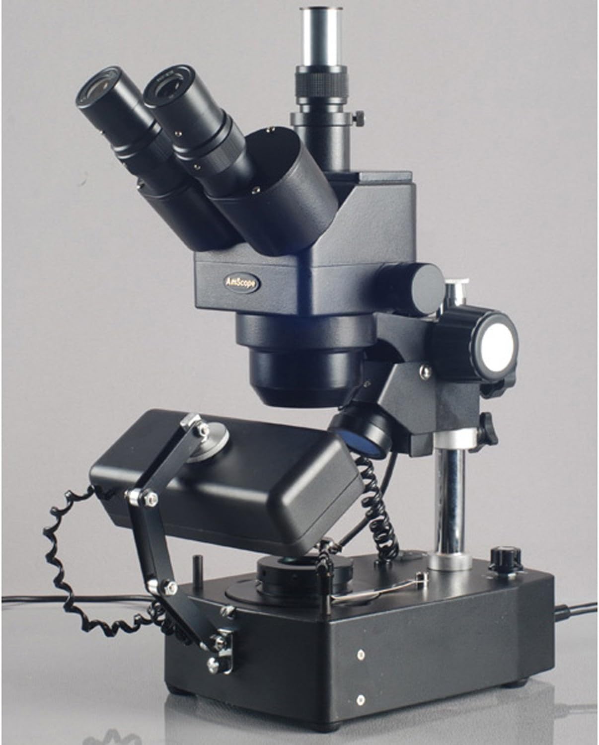 AmScope SH-2TY-SL-DK Professional Trinocular Stereo Zoom Microscope, WF10x and WF15x Eyepieces, 10X-60X Magnification, 1X-4X Zoom Objective, Upper/Lower/Side Lighting, 110V-120V, Includes Darkfield Condenser