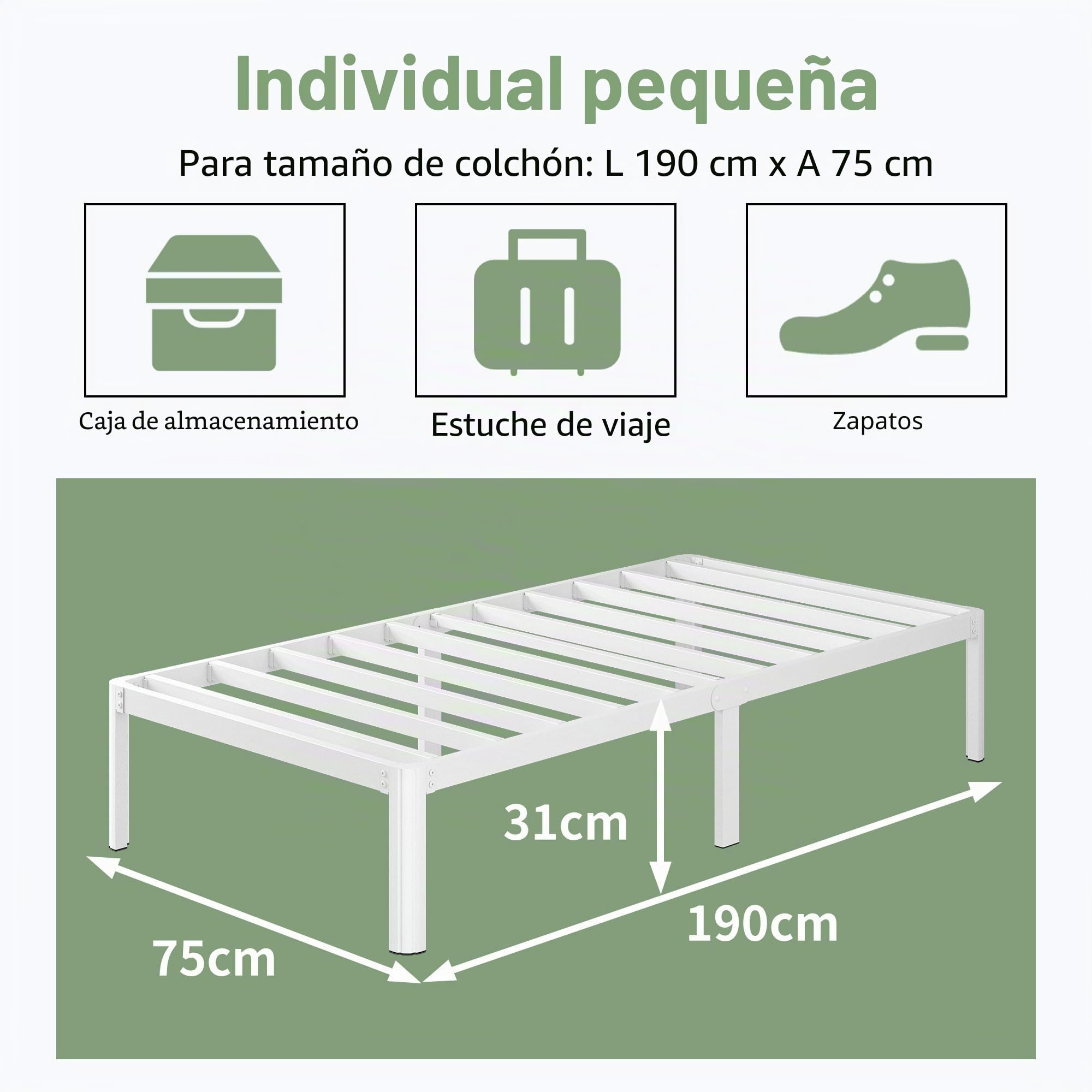 Cama 75x190 cm con Patas Curvadas, Estructura Metal Resistente, Somier Láminas, Blanco