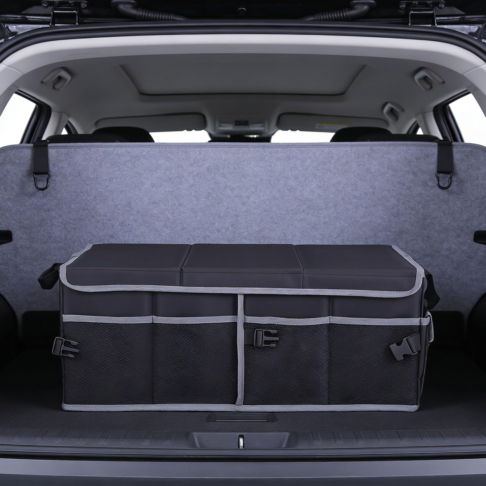 Jiawu Organizer per Bagagliaio per Auto, Organizer per Bagagliaio Pieghevole in Tessuto Oxford Impermeabile, per Auto Multi Scomparto con Divisore Rimovibile e Tasche a Rete per Campeggio, Picnic,