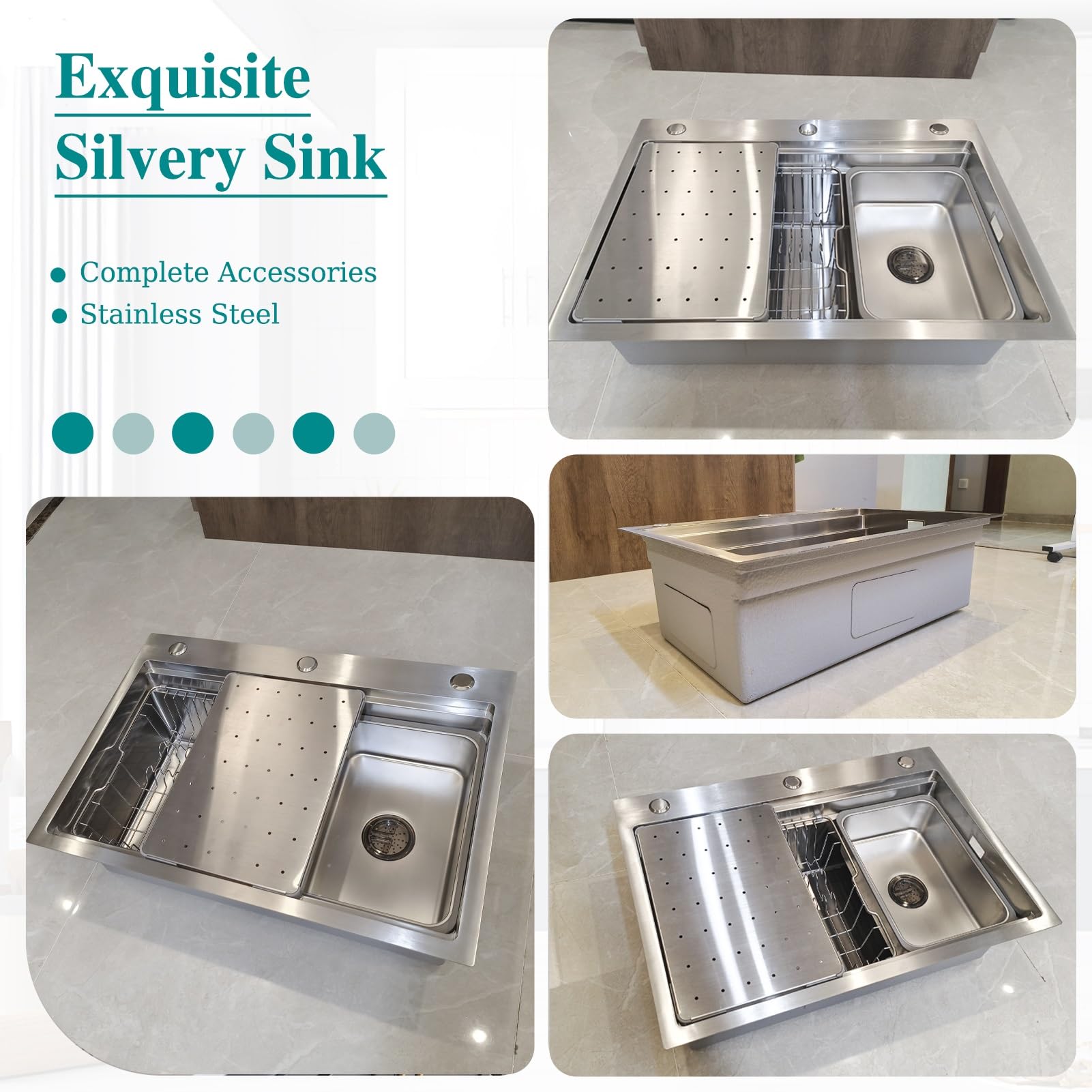 Fregadero de cocina de 60 x 50 cm, cuenco individual de acero inoxidable cepillado 304 con estante de drenaje para tabla de cortar y kit completo de drenaje para instalación empotrada