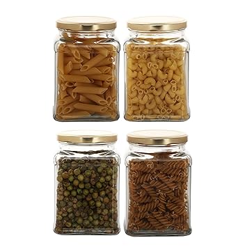 iGlassify 750 ml Glass Jars | Transparent | Square Shape | Golden Lid | Air Tight | Kitchen Organizer | Square Jar | Storage container for Cakes Jam Pickle Tea Coffee Chutney (Set of 4)