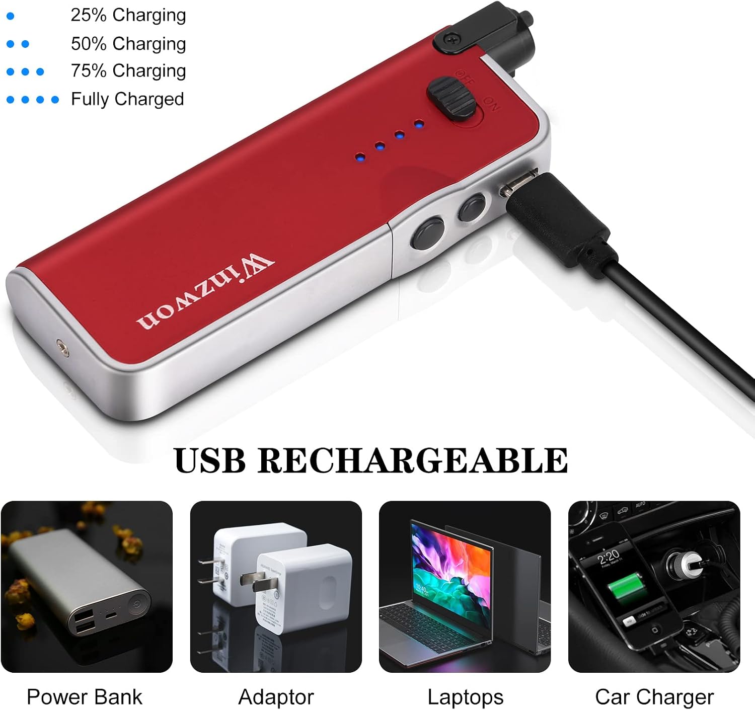 Winzwon Electric Candle Lighter Telescoping Long Lighter USB Rechargeable for Grill Camping Gas Stove BBQs Fireworks Built in Light Windproof Battery Indicator Safety Lock （Red）