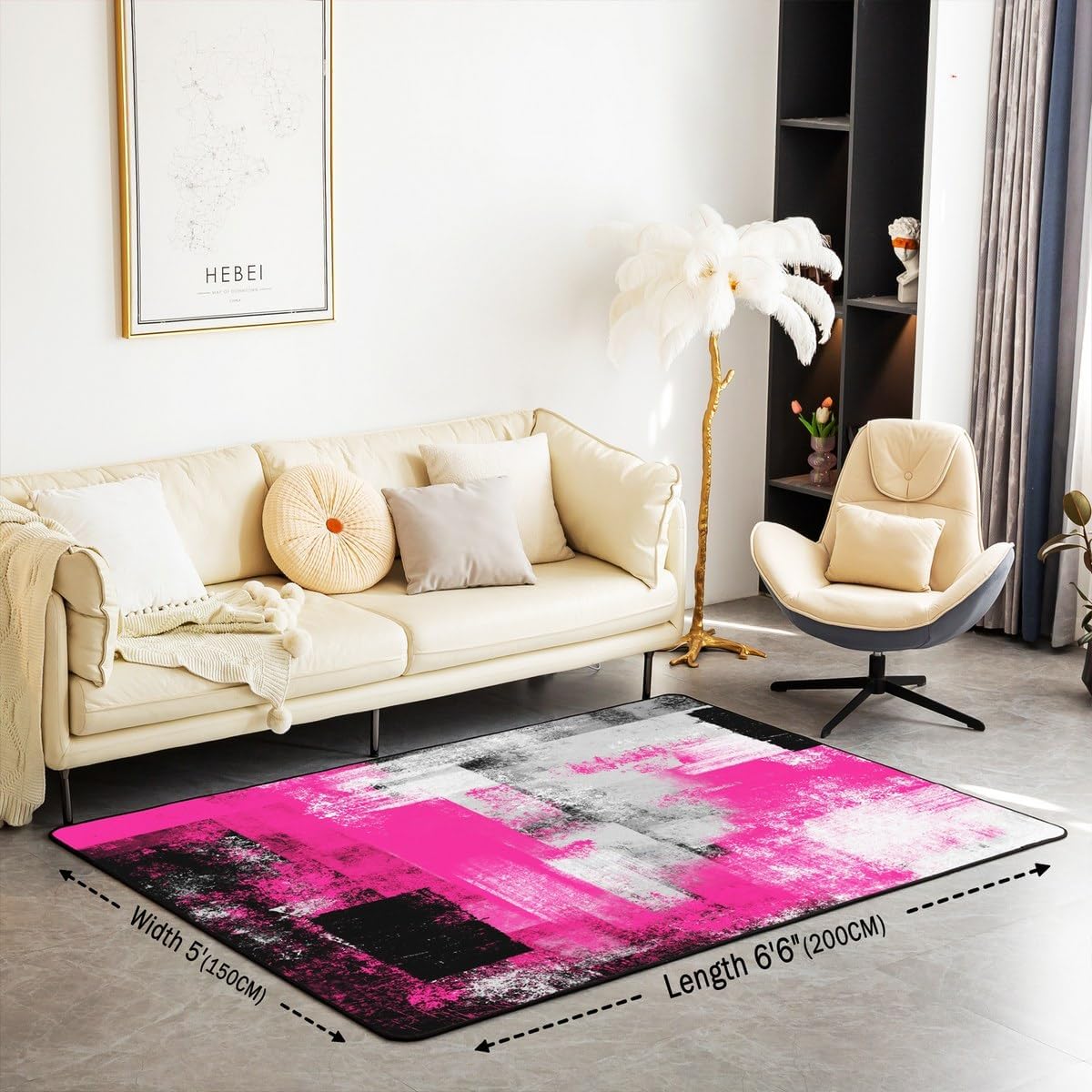 Feelyou Hot Pink Grey Indoor Floor Mat Girls Area Rug 3x5 Abstract Geometric Living Room Rugs for Kids Geometric Accent Rug Buffalo Check Decorative Rug