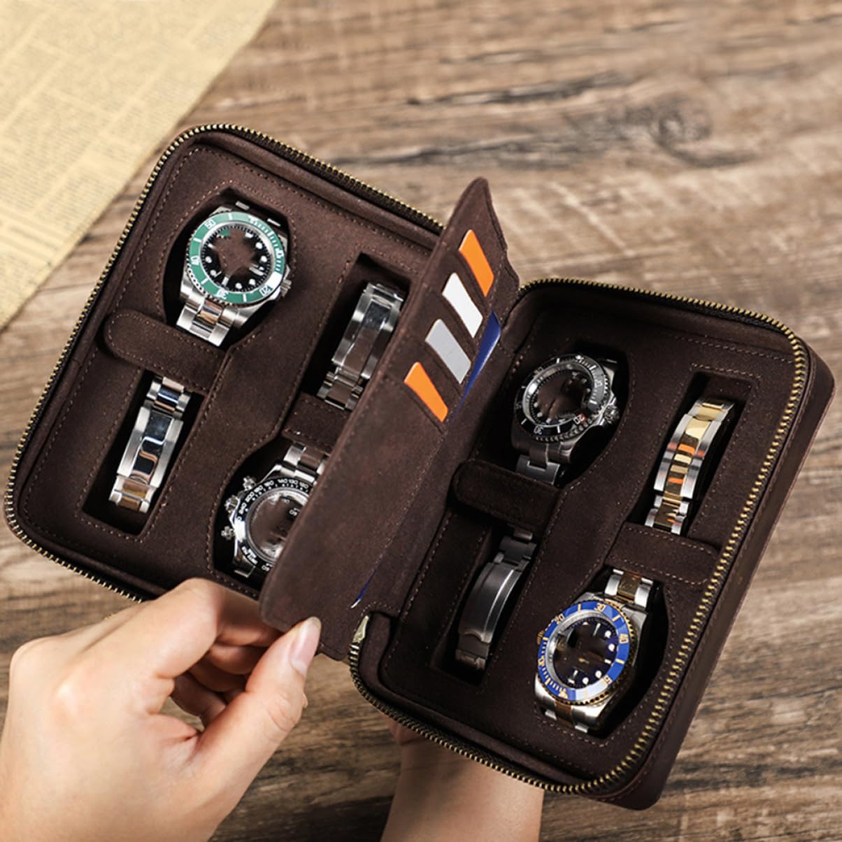 Caja de cuero para relojes con 4 compartimentos para hombres y mujeres, estuche de viaje de estilo vintage con cierre de cremallera y compartimentos laterales, ideal para organizar relojes y tarjeta