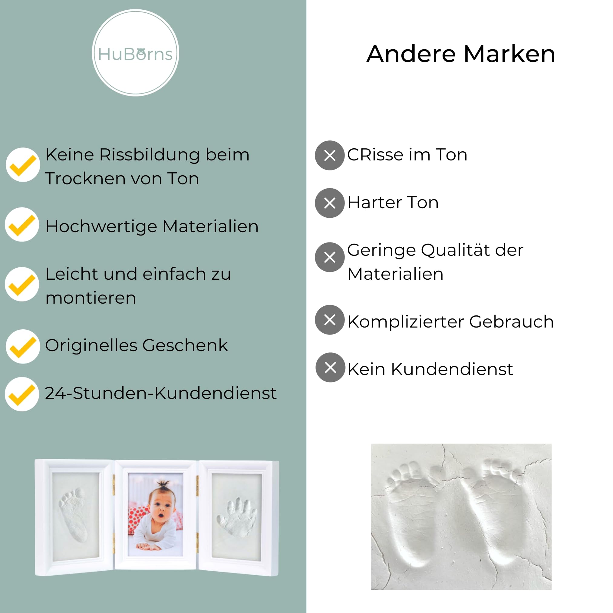 HuBorns - Bilderrahmen Fußabdruck Baby und Anti-Riss-Ton, um ein Einzigartiges Souvenir zu schaffen, Gipsabdruck Baby Hand und Fuß, Baby Geschenk, Fussabdruck Abdruckset (Ton)
