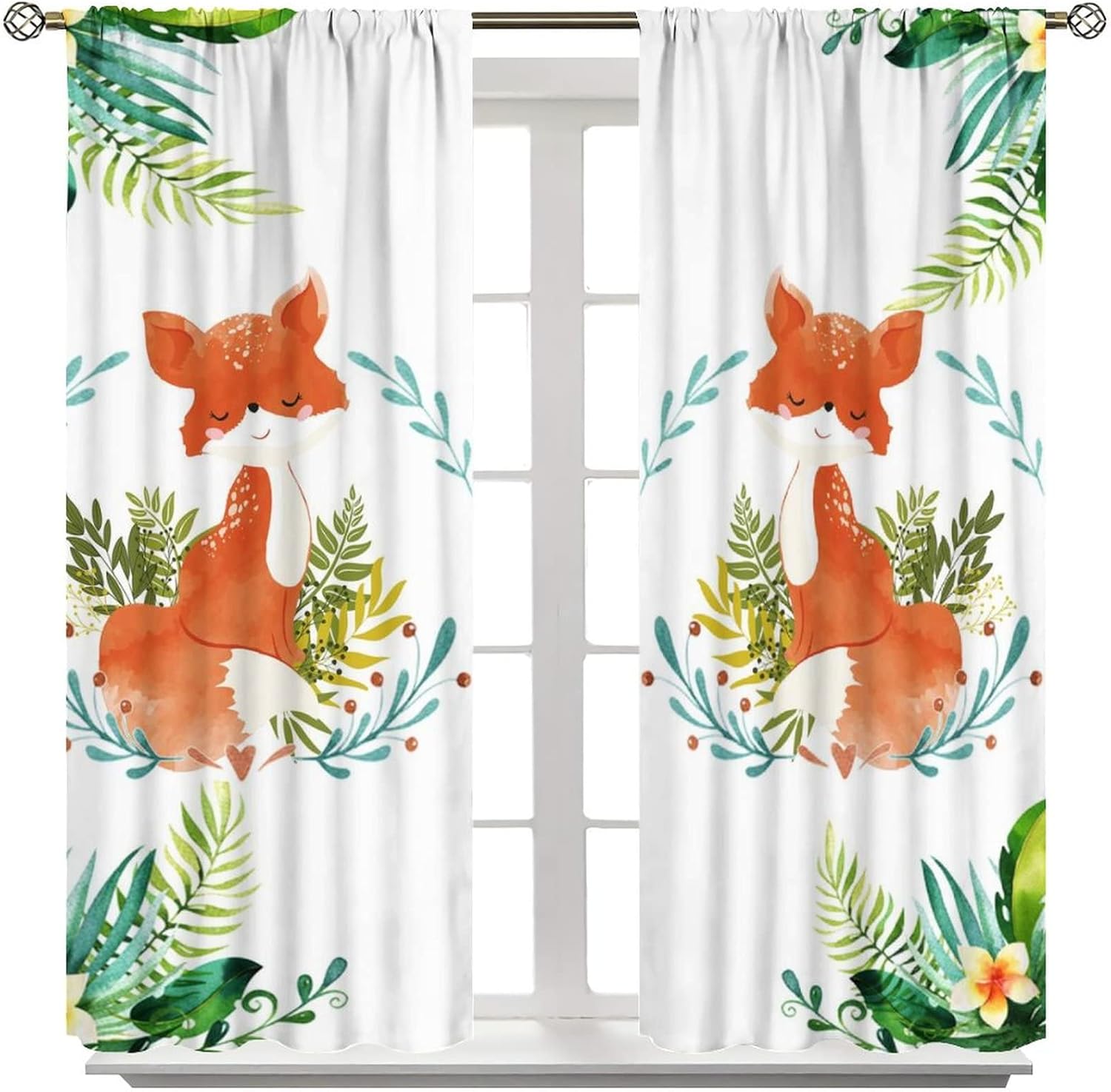 Cartoon Fox Art Blackout Curtains,Watercolor Mid Century Cute Forest Animal Fox Decor Window Curtains Rod Pocket Thermal Insulated Room Darkening Blackout Curtains for Bedroom 2 Panels 45L x 21W