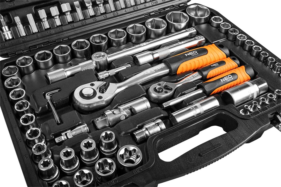NEO TOOLS Set di chiavi da 108 pezzi da 1/2" 1/4" in robusta valigetta | Set di chiavi a bussola in acciaio CrV, set completo per officina, garage, fai da te