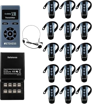 Retekess TT106 Wireless Guide System, 1 Transmitter + 15 Receivers + Charging Base Set, Blue, Automatic Pairing, Volume Adjustment, AUX Input, Easy Operation