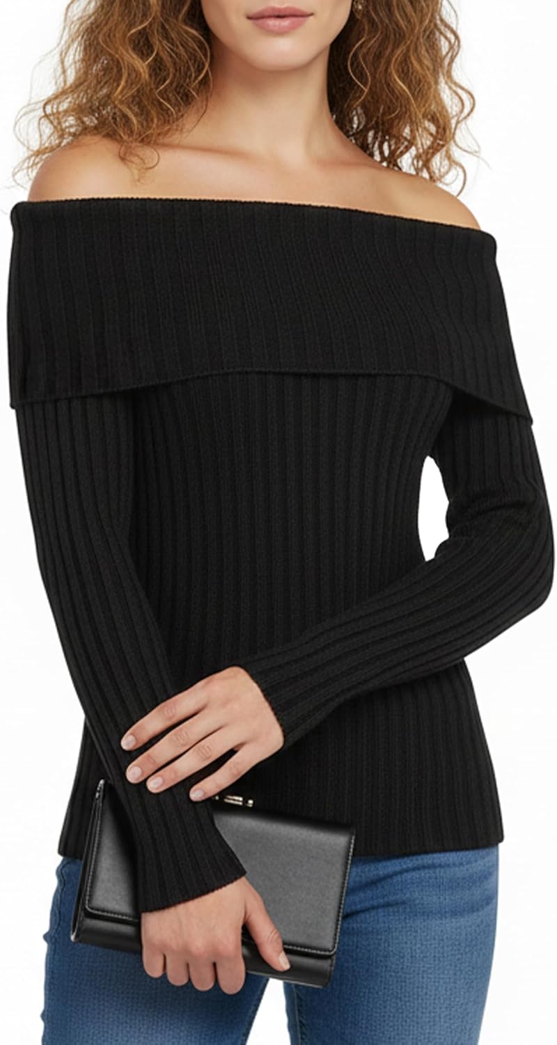 Maxure Women Off Shoulder Sweater Long Sleeve Ribbed Knit Casual Stylish Classy Skinny Pullover Sweater Outfits