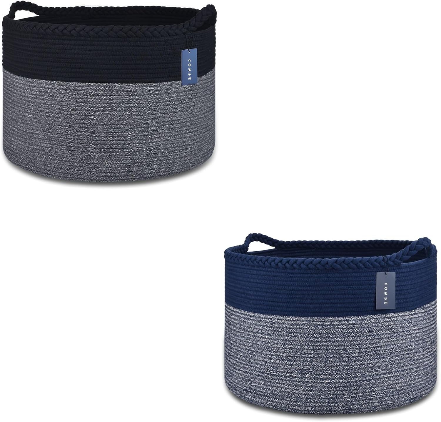 COMSE 2 Pack Large Laundry Baskets, Large Blanket Baskets, Laundry Hampers, Cotton Rope Baskets, Toy Baskets, Clothes Baskets, 21.7”x 13.8”, Black/Gray and Navy Blue