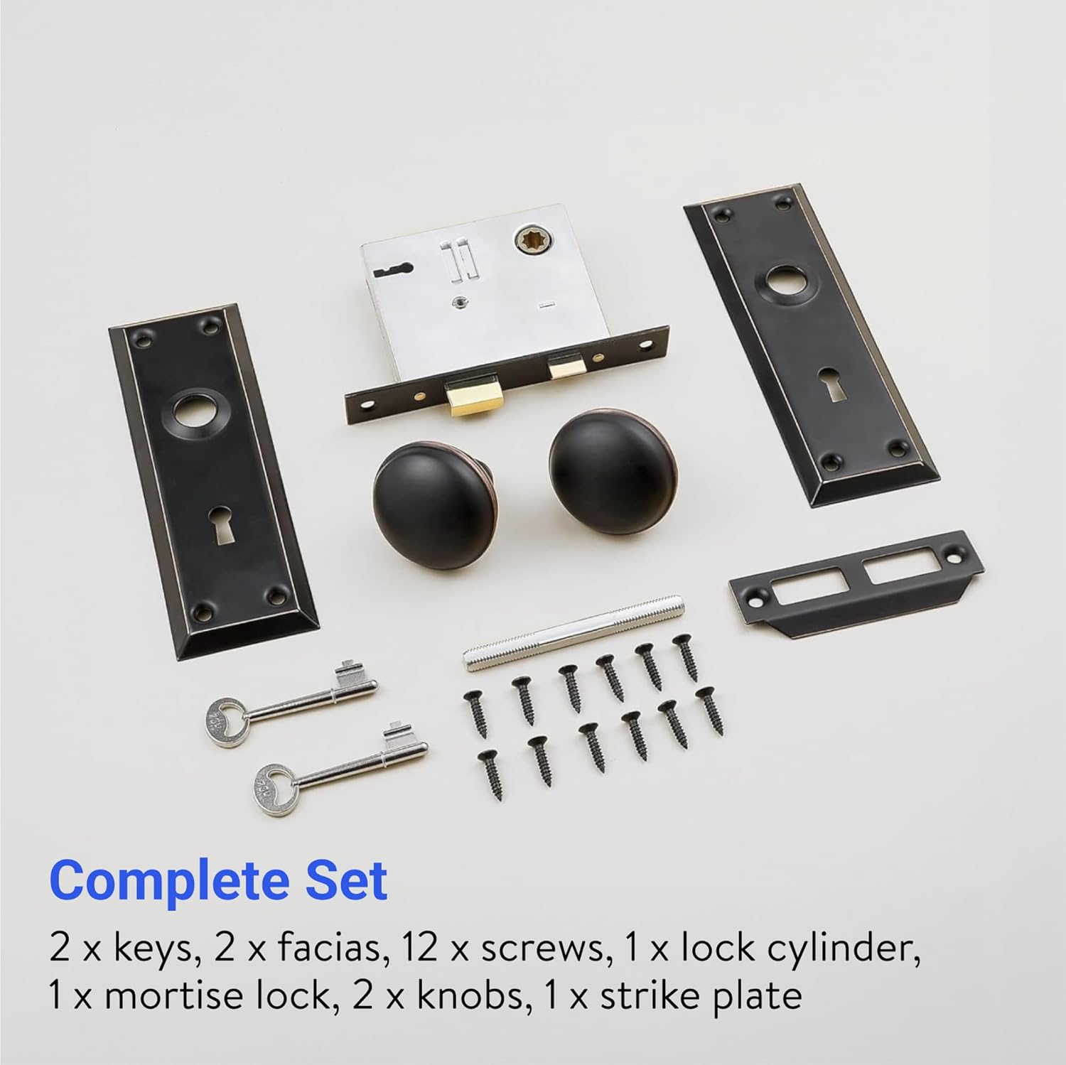 FORTSTRONG Mortise Lock Set - Complete Vintage Door Knob Replacement Kit Includes 2 Facia, 2 Keys, and 12 Screws - Antique Style Mortise Locks - for Interior Doors or Outside Use