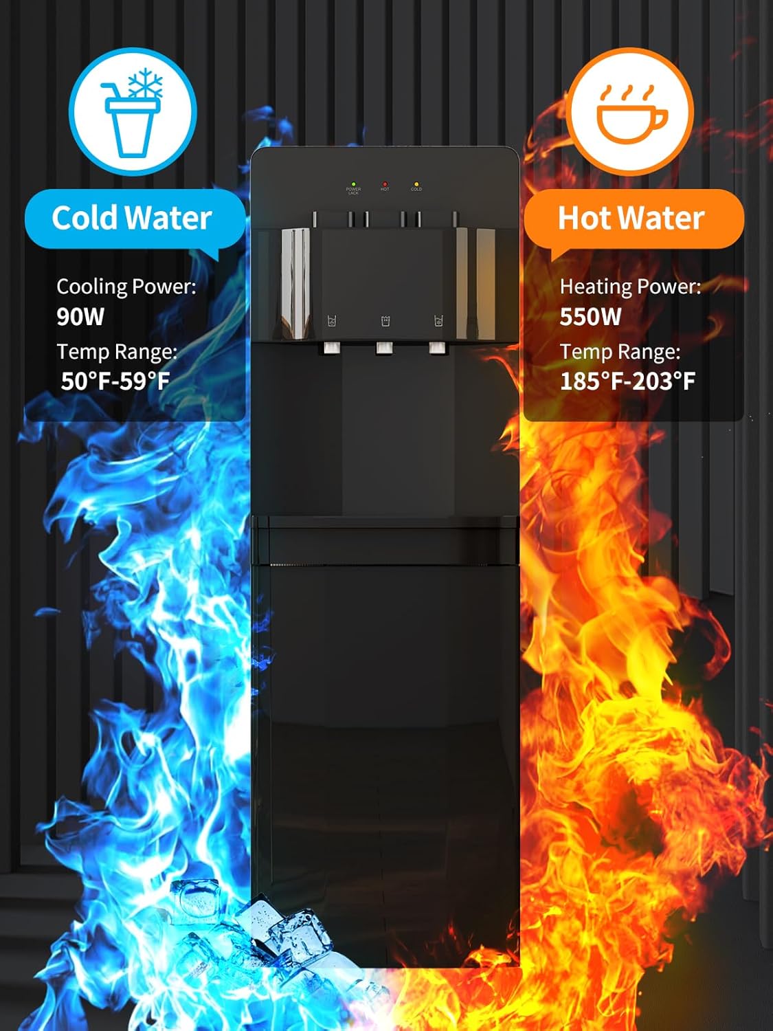 TABU Bottom Loading Water Cooler with 3 Temperature-Hot, Cold, Room Settings, 3 or 5 Gallon Bottle Freestanding Water Dispenser with Child Safety Lock, Anti-Scalding, for Home/Office,Black