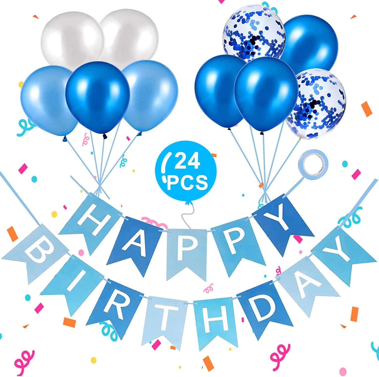 Elecdon Happy Birthday Banner, Banners With Blue Latex Balloons Confetti Balloons, Bunting For Girls Boys 1St Any Ages Party Decorations