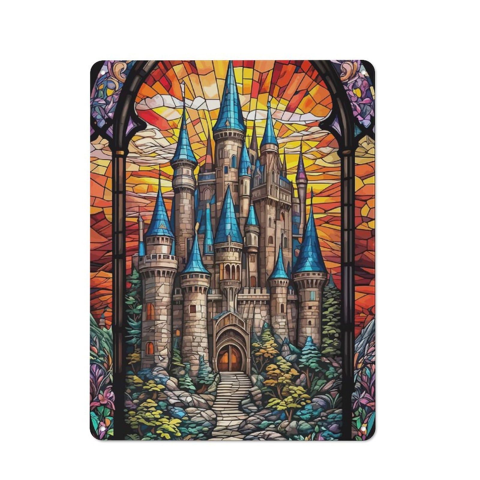 Junmoney Stained Glass Castle Retro-Style Tin Wall Plaque 40X30cm For Café Or Home Bar, New Home Wall Decor For Home Bar Enthusiasts