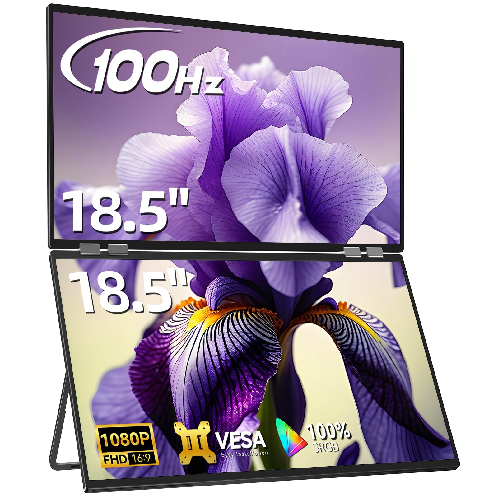 Newsoul Portable Monitor 18.5 Inch Foldable Dual Screen 100 Hz 100% sRGB with Mini HDMI/UBS C Port Built-in Speakers and Metal Case for Laptop/PC/Phone/Xbo