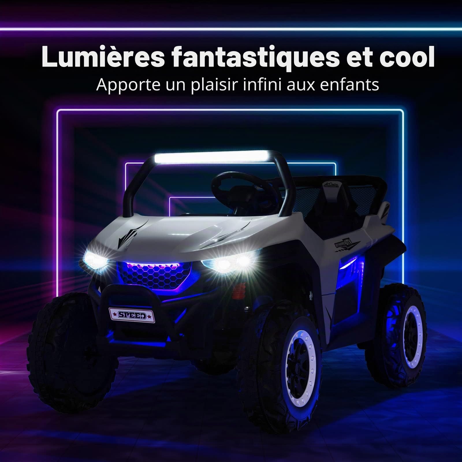 DREAMADE Voiture électrique 2 places 12 V pour enfants à partir de 3 ans, avec télécommande 2,4 GHz, musique, phares, USB, pour enfants à partir de 3 ans, charge maximale : 59 kg (blanc)