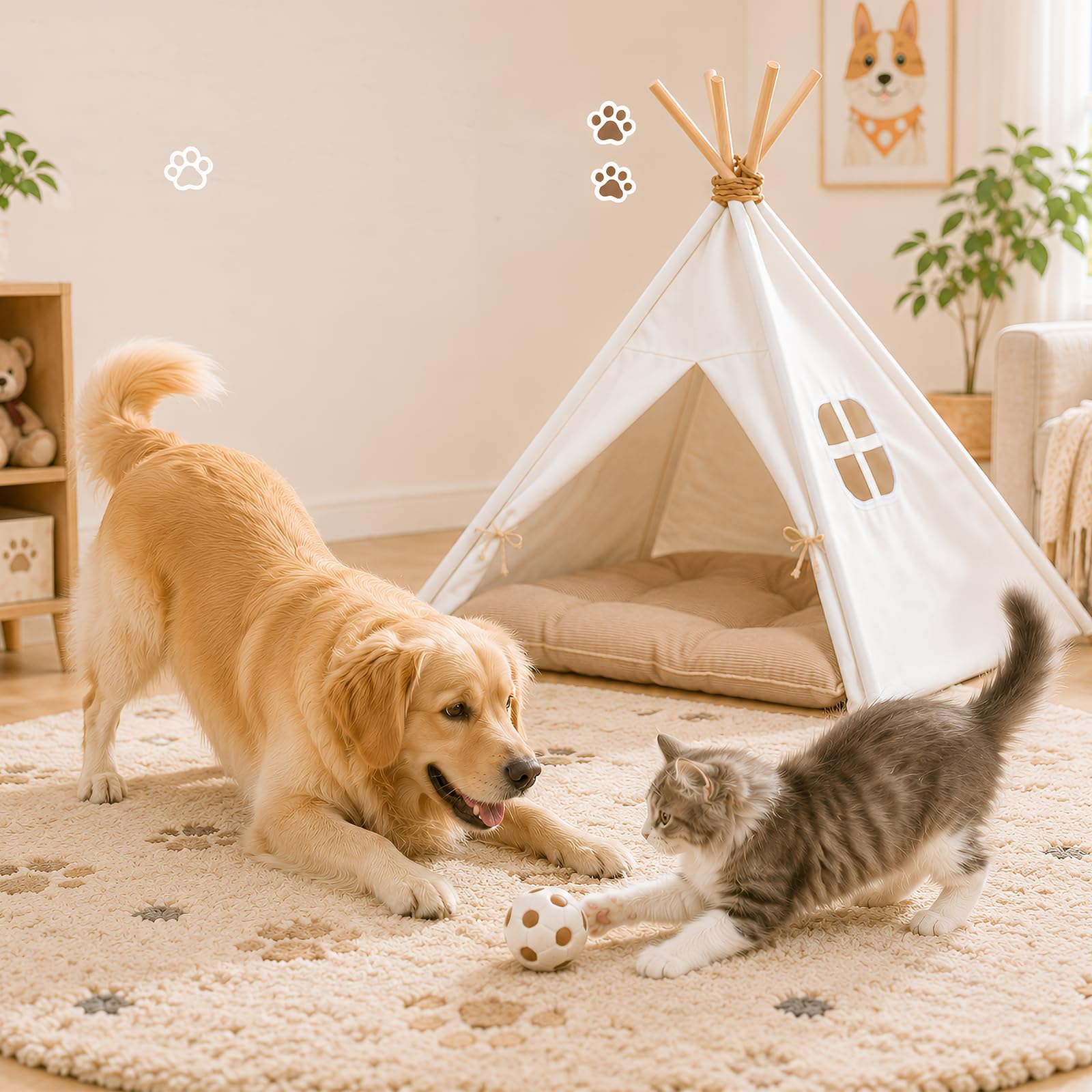 Tipi Zelt für Hunde und Katzen 60x60x70cm, 5-Eckiges Kiefernholz Haustierzelt mit Doppelseitigem Kissen, Waschbare Hundehöhle für Mittelgroße Hunde bis 15kg Indoor, Cremeweiß, 1 Stück