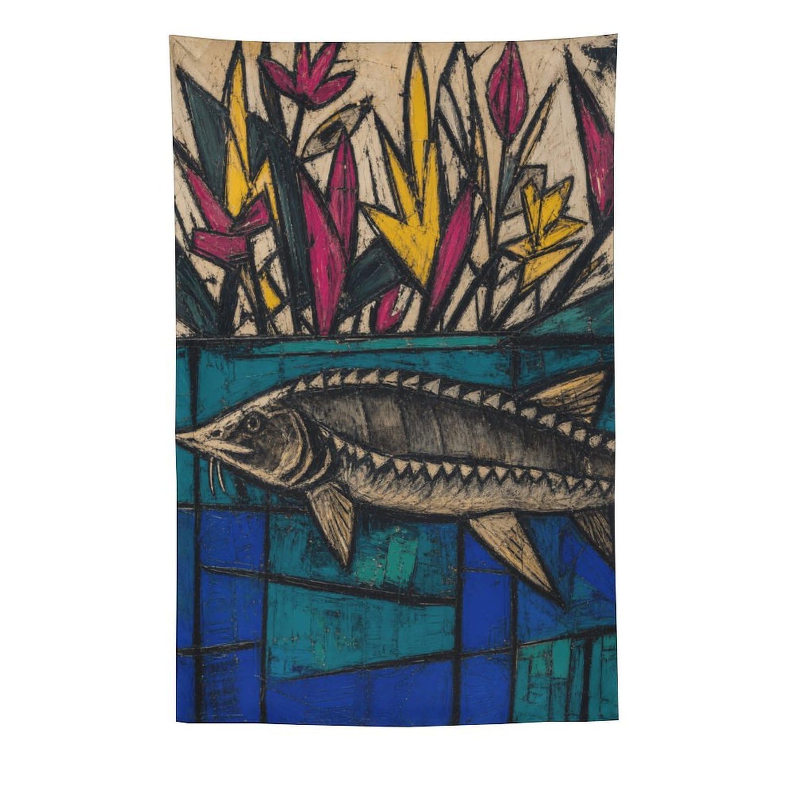 H3B8U2Y5 Stained Glass Sturgeon Wall Tapestry, Stained Glass, Office