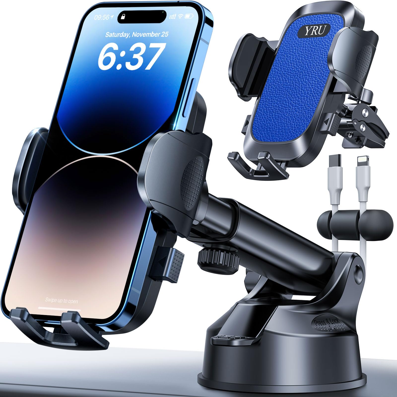YRU [True Upgrade for Safety] Car Phone Holder Mount [Patent & Military-Grade] Dashboard Cell Phone Holder for Car Vent Windshield Phone Stand for iPhone 17 16 15 14 13 Pro Max Truck Samsung, Blue