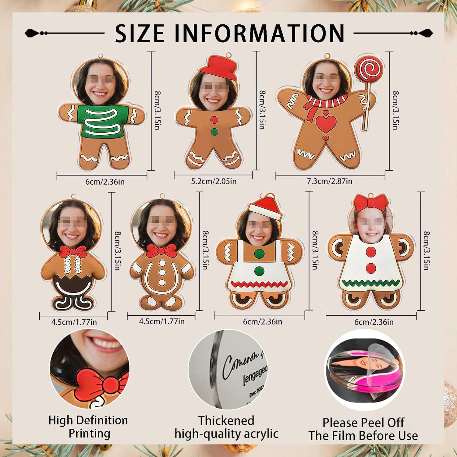 Custom Photo Gingerbread Man Ornaments for Christmas Tree Personalized Acrylic Xmas Ornaments Decorations Frist Christmas Keepsake Gift for Family, Parents, Kids,Newborn(Set of 7)