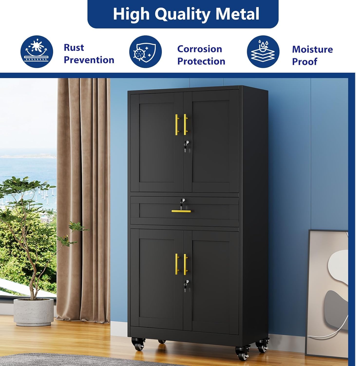 Metal Garage Storage Cabinets with Locking Doors and Adjustable Shelves, Tool Cabinets on Wheels, 75" H Heavy Duty Storage Organizers with Drawer for Garage Warehouse (Black)