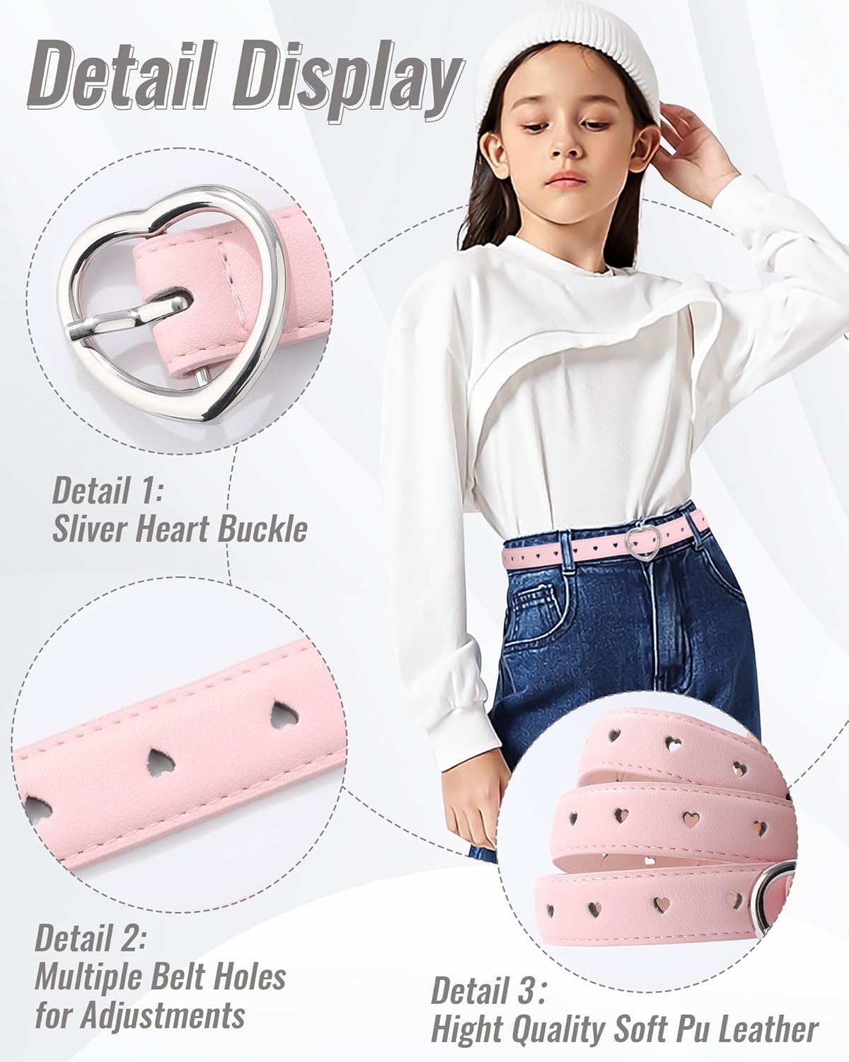 AWAYTR 2 Pack Kids Leather Girls Belt, with Heart Buckle for Pants Dress - Image 4