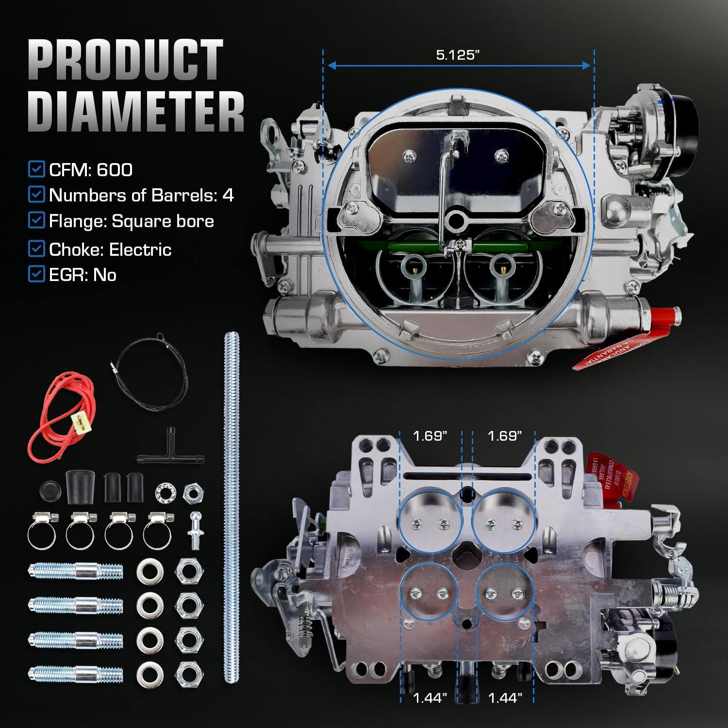 1406 Carburetor for Performer 600 CFM 4 Barrel Carburetor Square Bore AFB-style Air Valve Secondary Compatible with Silverado Corvette Mustang Mercury GMC Pickup Truck carb with Electric Choke