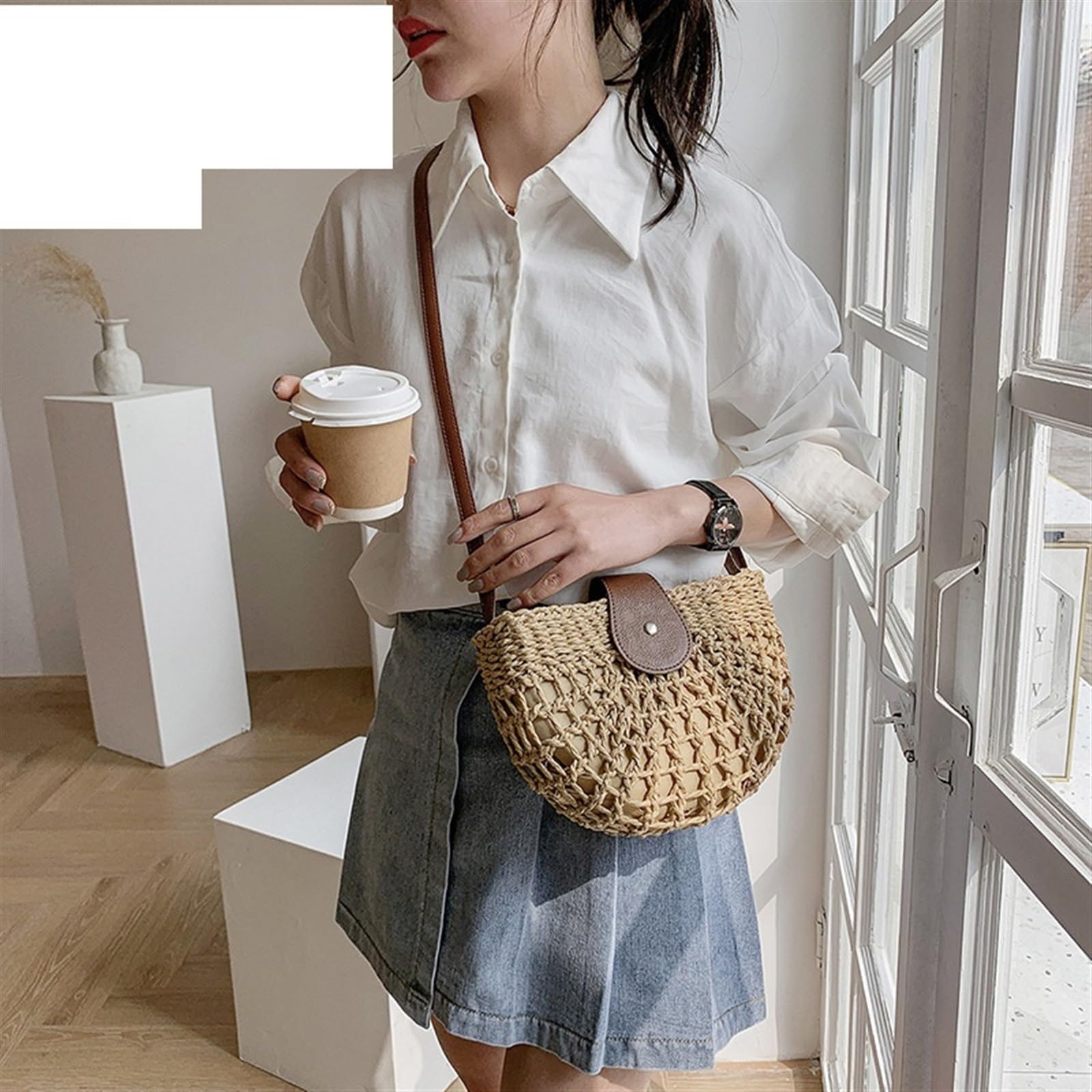 Générique Sac Paille Poignée En Bois D'été Sac De Plage De Plage à