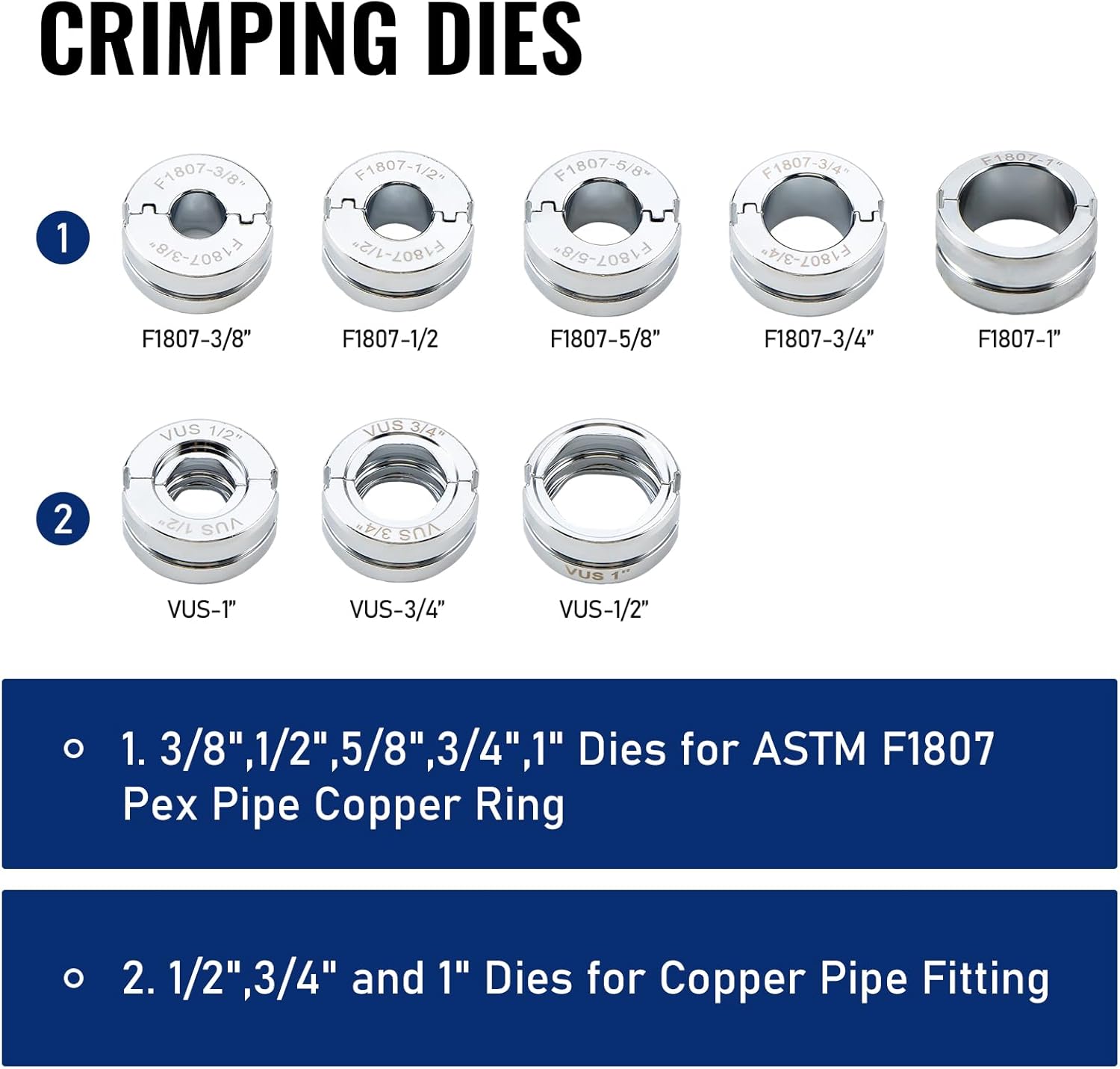 Various crimping dies for copper and PEX pipes