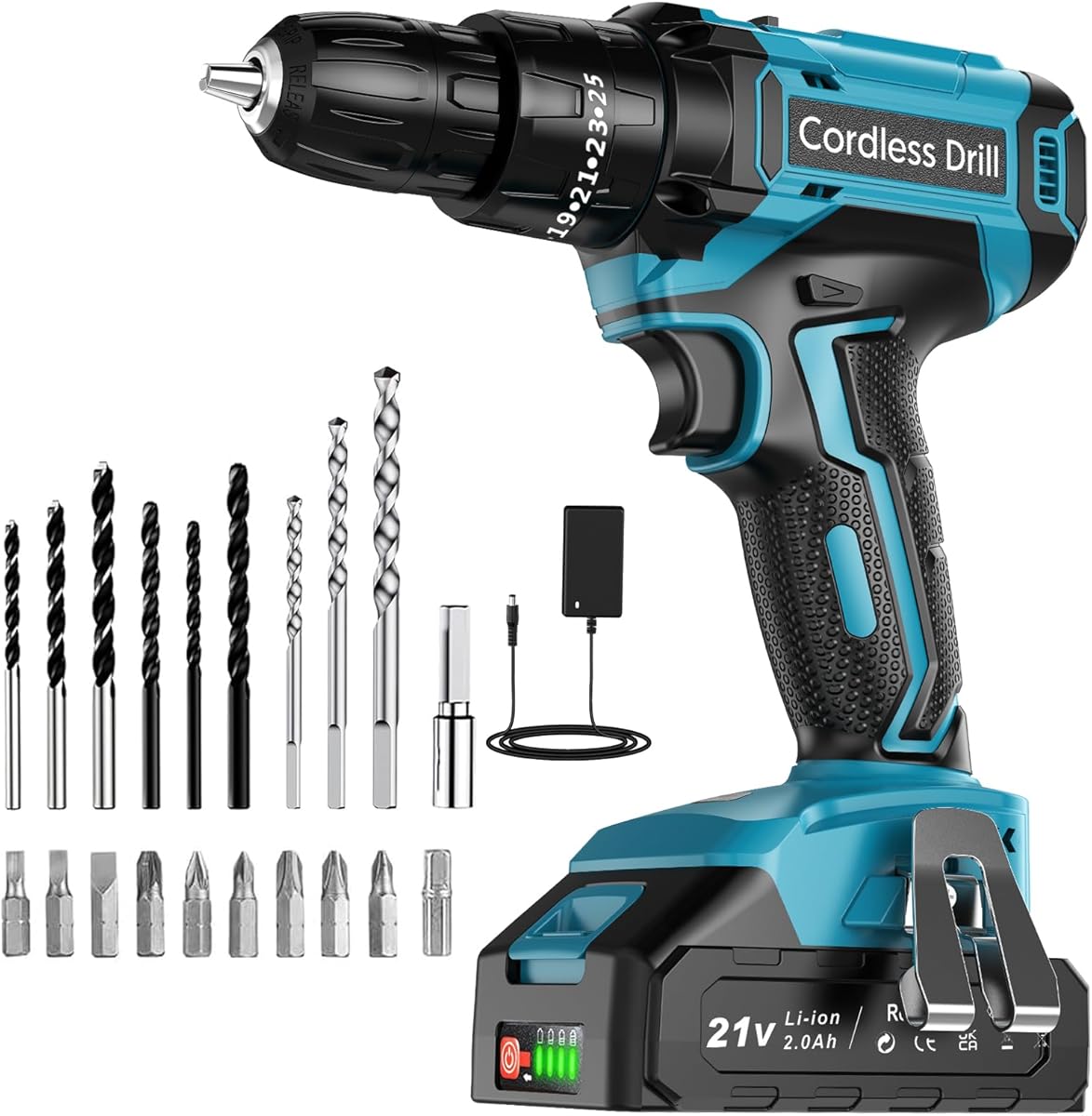 Cordless Drill Driver 21V, LEEIKOO Cordless Hammer Drill Set, 42N.m Battery Drill, 25+3 Torque Set, 2-Speed, LED Light, 2.0AH Battery, 24PCS Electric Drill Set for Home and Garden DIY Project