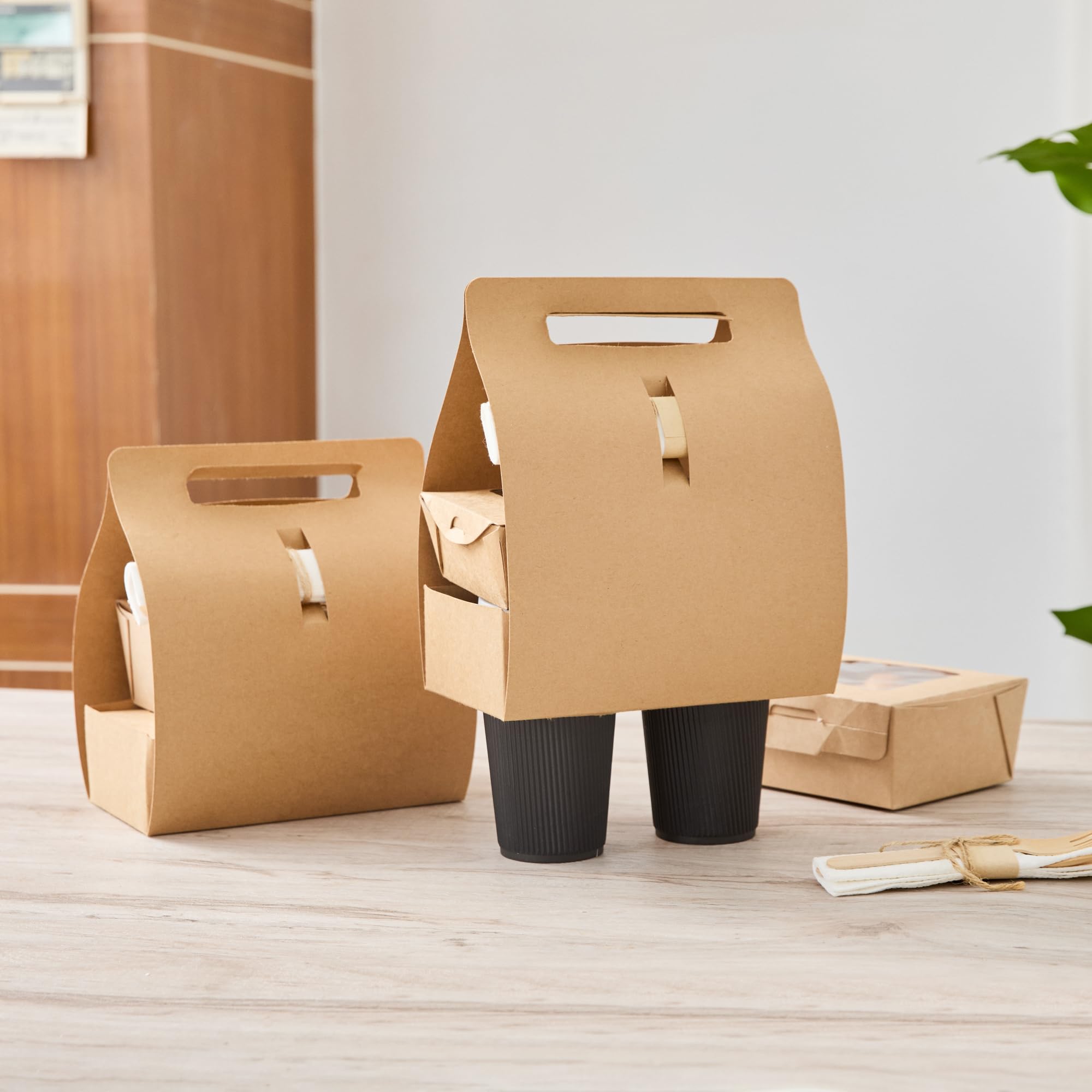 Restaurantware Bio Tek - Fiambreras de papel con asas, 100 recipientes desechables de papel kraft para alimentos, 21 x 10 x 20 cm, portavasos para utensilios de cocina, portadores de bebidas para